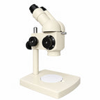 ST100 binocular stereo microscope on pillar stand, three-quarter view on white background
