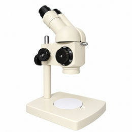 ST100 binocular stereo microscope on pillar stand, three-quarter view on white background