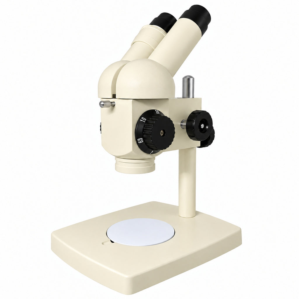 ST100 binocular stereo microscope from the opposite angle, showing focus and magnification controls
