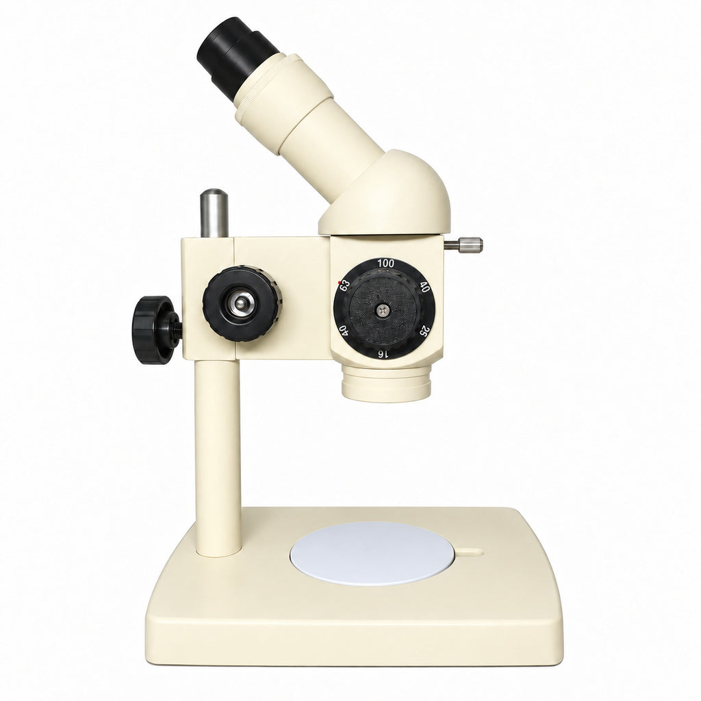 ST100 stereo microscope side view showing magnification selector, focusing knob and stage