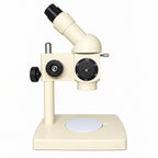 ST100 stereo microscope side view showing magnification selector, focusing knob and stage