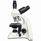 PL200 trinocular compound microscope, side profile with upright camera port on white background