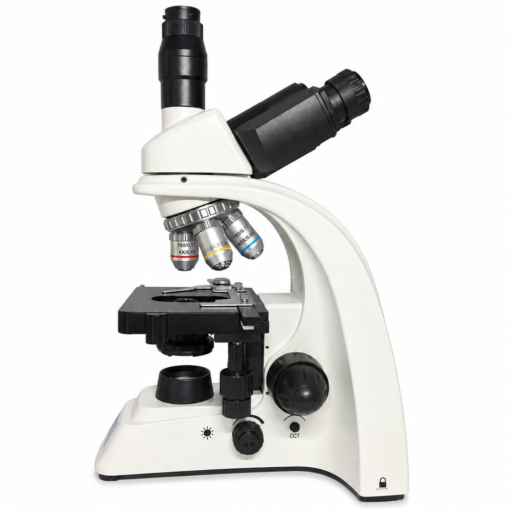 PL200 trinocular compound microscope, side profile with upright camera port on white background