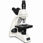 PL200 trinocular compound microscope, three-quarter view showing upright camera port and mechanical stage