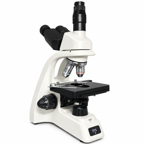 PL200 trinocular compound microscope, three-quarter view showing upright camera port and mechanical stage