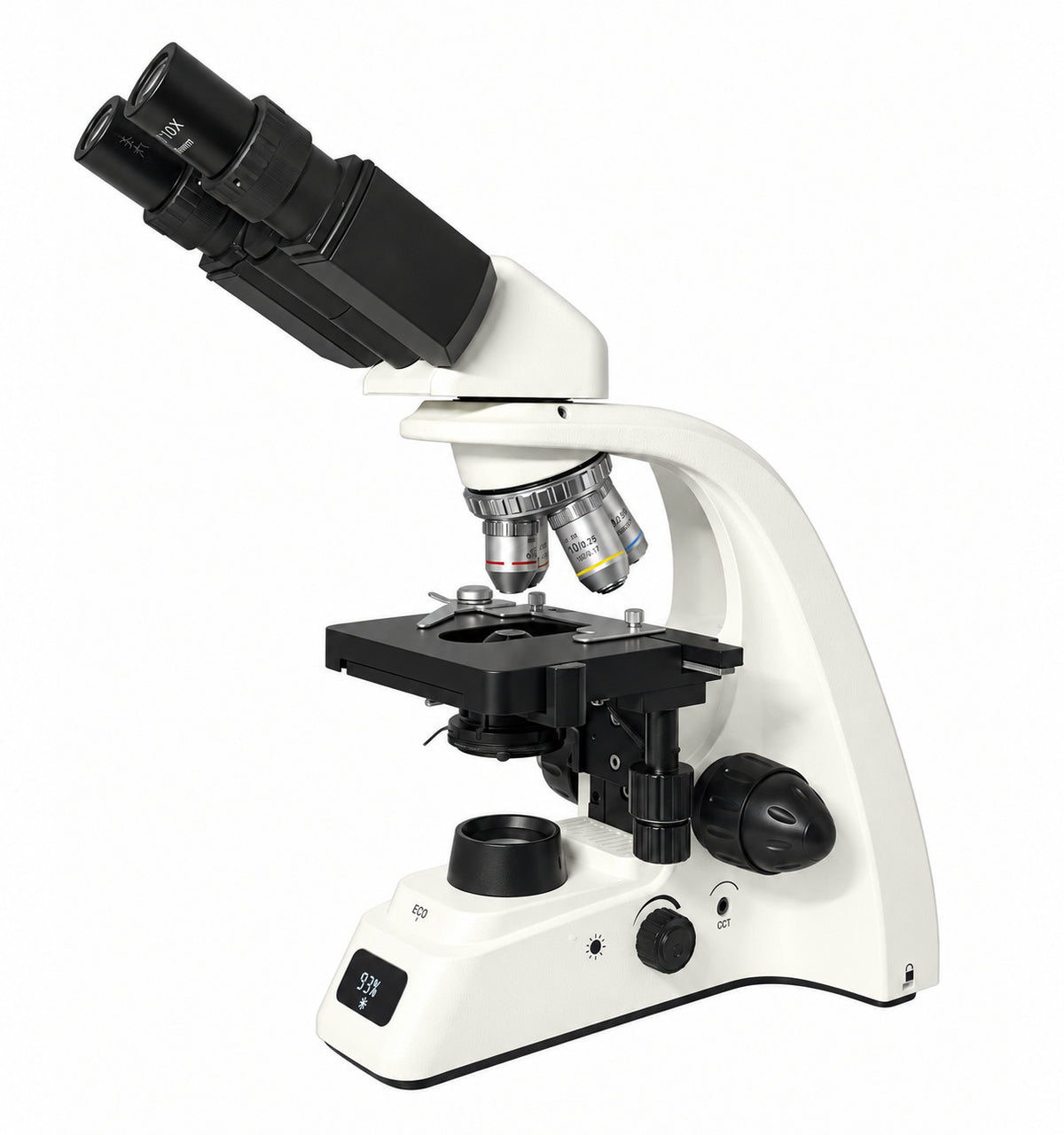 Optenra PL200 binocular compound microscope, angled view on white background