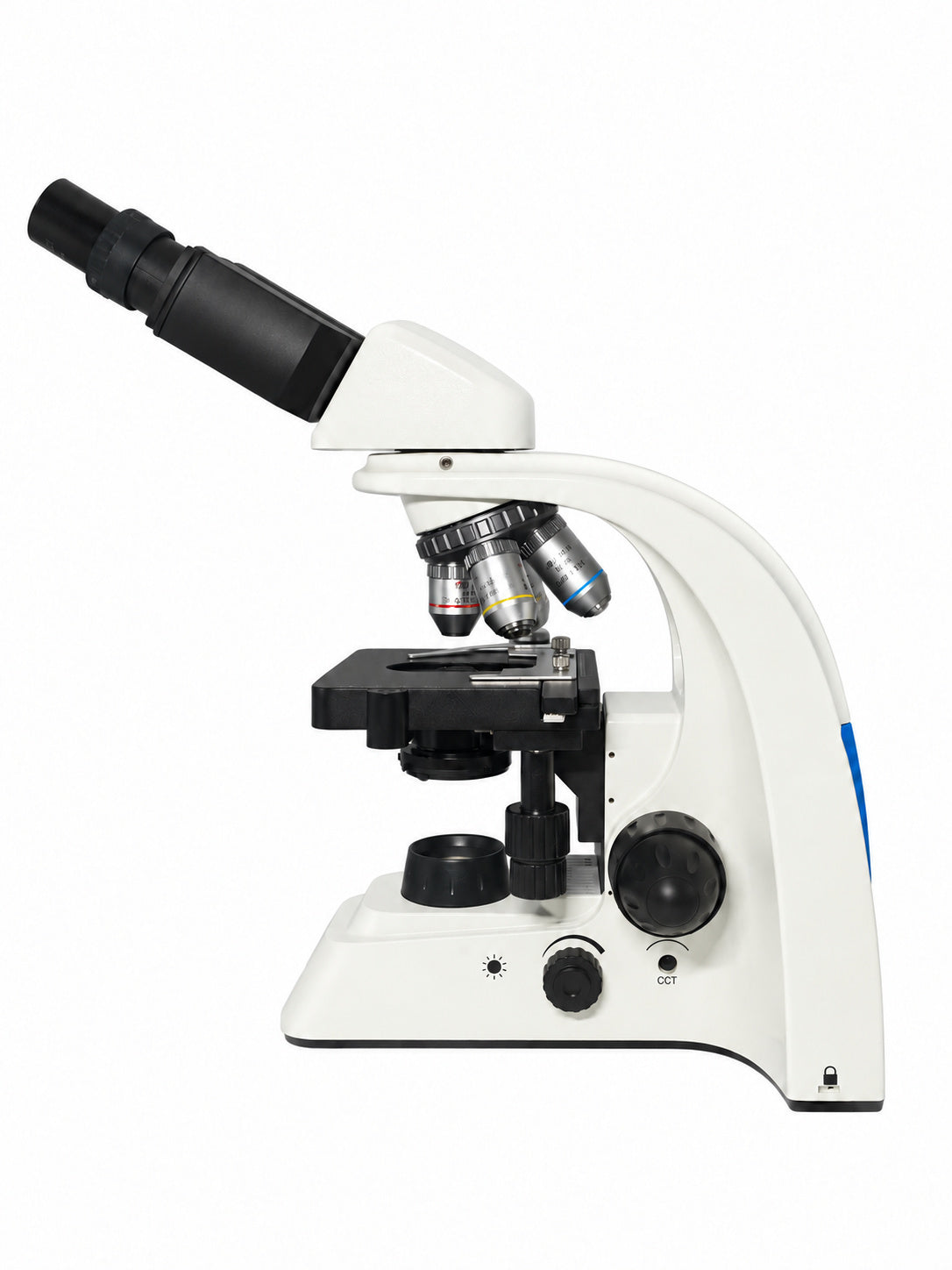 Optenra PL200 binocular compound microscope, side view on white background