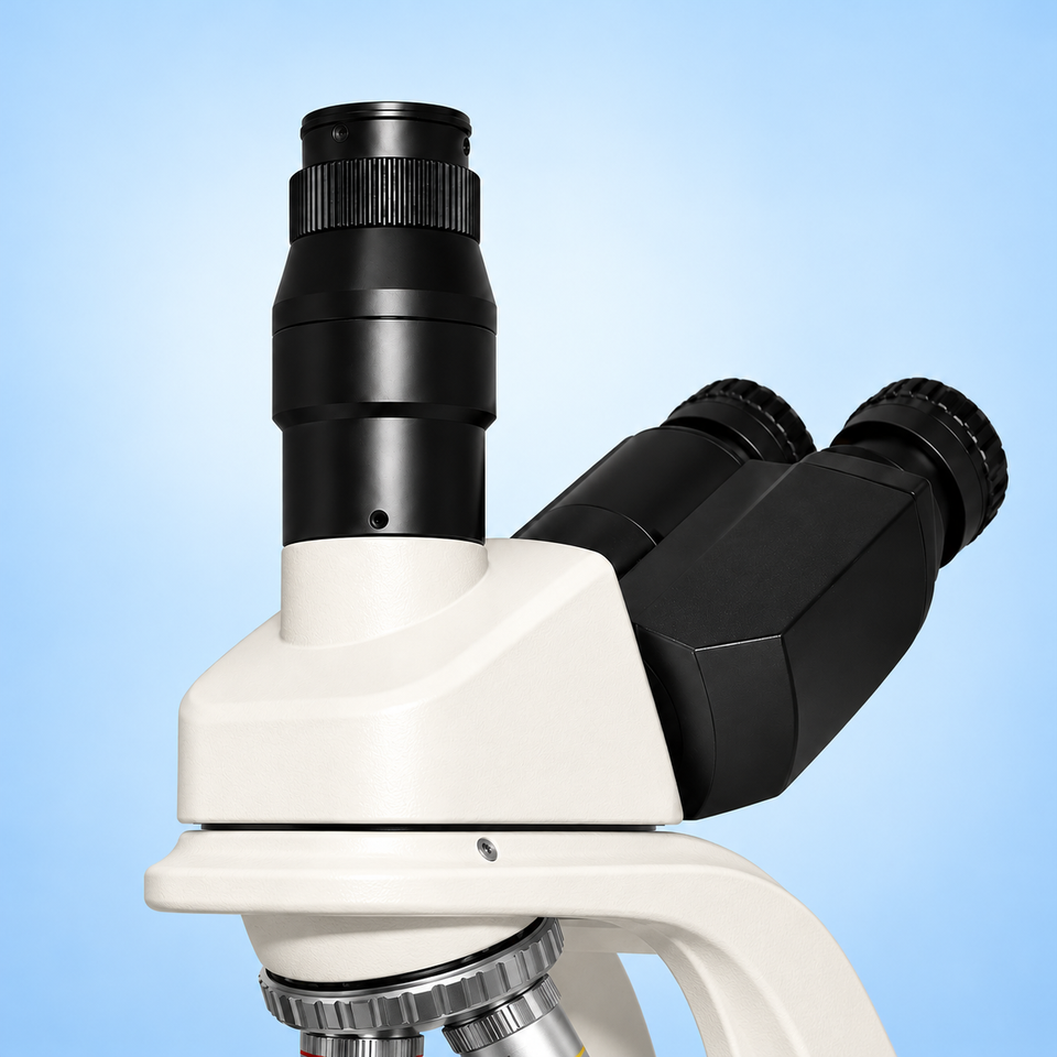 PL200 trinocular viewing head with original shallow support shelf and curved microscope arm