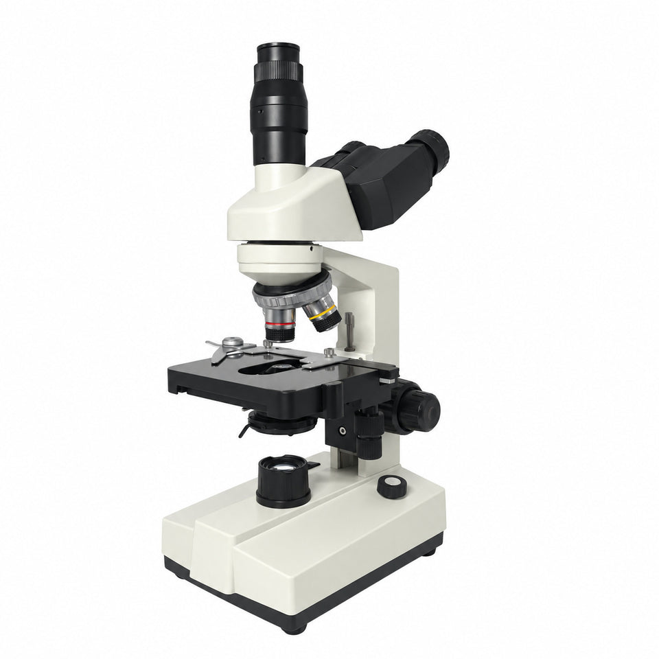 PW80 trinocular compound microscope, three-quarter view