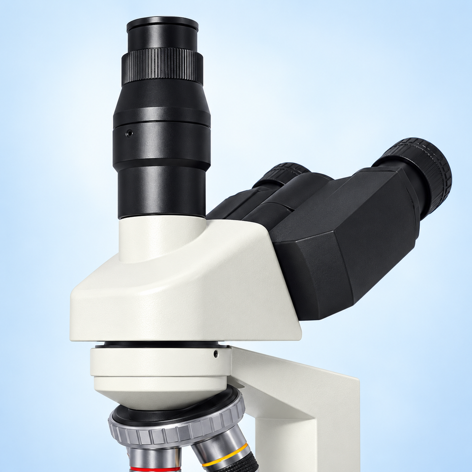 PW80 trinocular viewing head with vertical camera port, angled eyepieces and short original connector